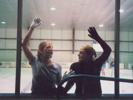 1999... 2000? Me and my sister at our rink in Kansas. She's the goof with the white gloves actually smushing her face on that plexiglass... ew!